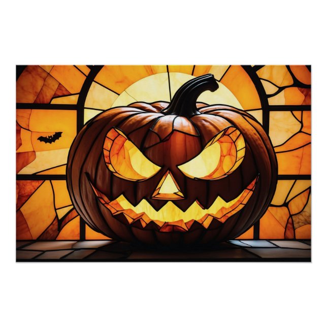 Póster Vidro Colorido Abóbora de Halloween Assustadora  (Frente)