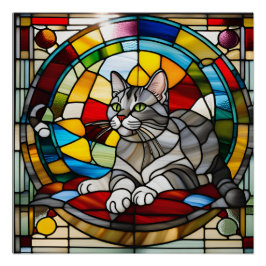 Póster Vidro Colorido de Gato Listrado Cinza
