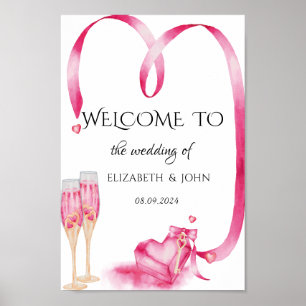 Poster Vidro de Champanhe do Coração Vermelho Elegante