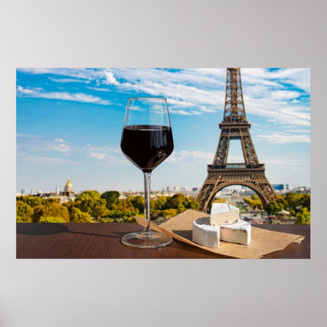 Poster Vidro de vinho com queijo ceroso na torre Eiffel (Frente)