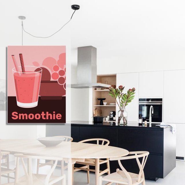 Poster Vidro e Frutas Suavizados, cor-de-rosa-branca (Cute Pink Smoothie Glass & Fruits Poster, Kitchen Wall Decor)