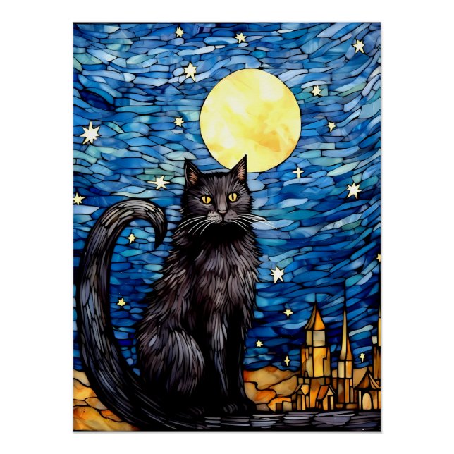 Póster Vidro Negra Gato Negra Estrelado Noite Estrelada (Frente)
