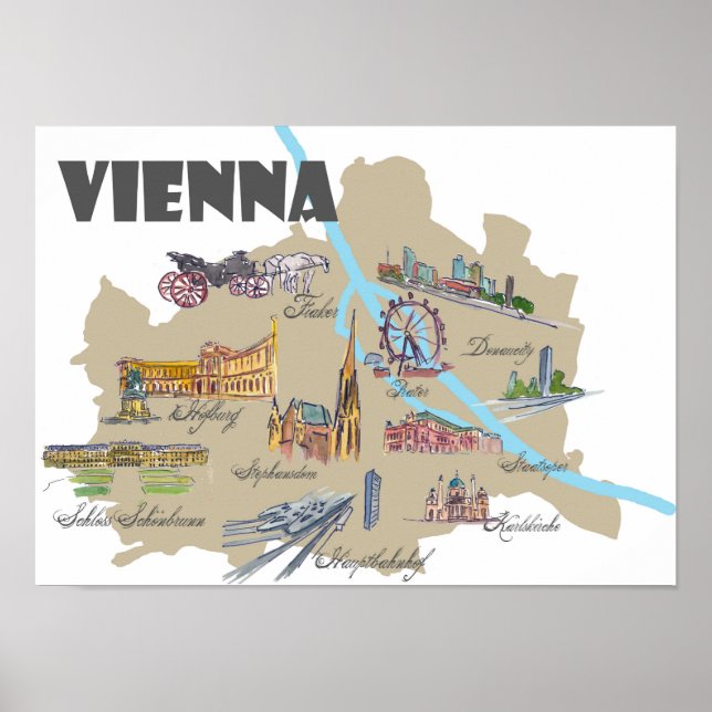 Poster Viena Áustria destaca mapa (Frente)
