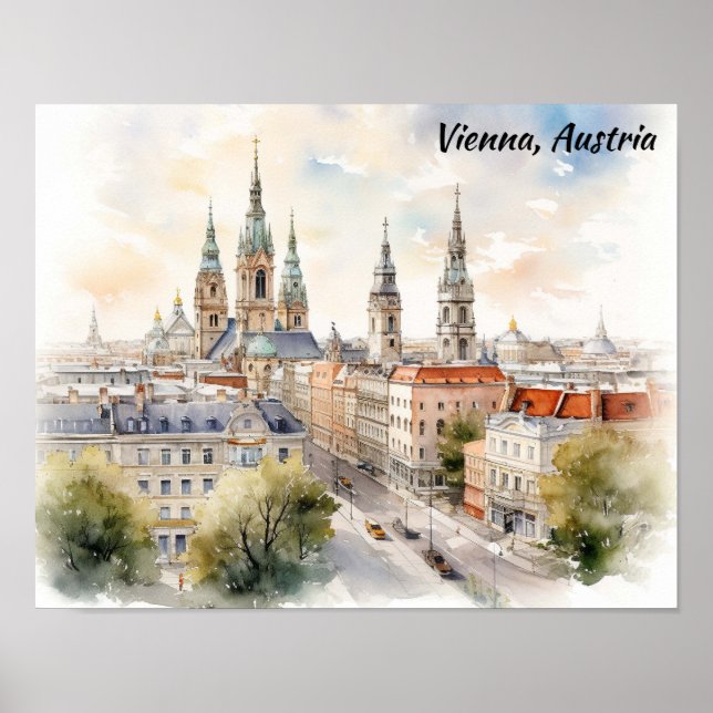 Poster Vienna Austria Panorama View Watercolor Painting (Frente)