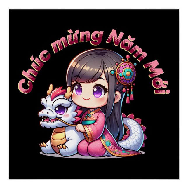 Póster Vietnamita, Garota e Dragão de Ano Novo (Frente)