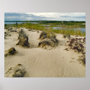 Póster View from a sandy hilltop of lakes and hills on