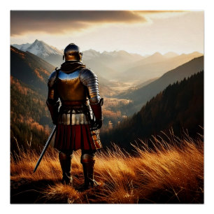 Póster Vigília do Cavaleiro Medieval ao pôr do sol