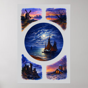 Poster Vignetas de Paisagem Retro do Pôr do Sol e Noturna