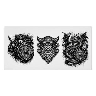 Póster Viking, Dragão & Donzela do Escudo – Tinta Mítica 