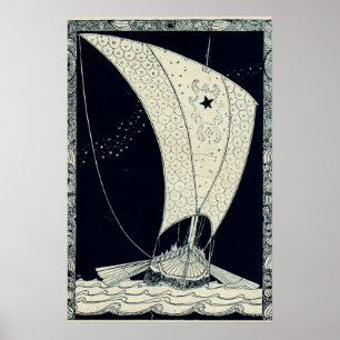 Póster Viking Longship Navegando à Noite