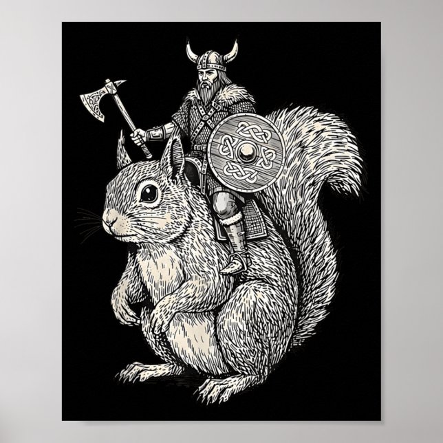 Poster Viking Riding Squirrel Funny Warrior Art  (Frente)