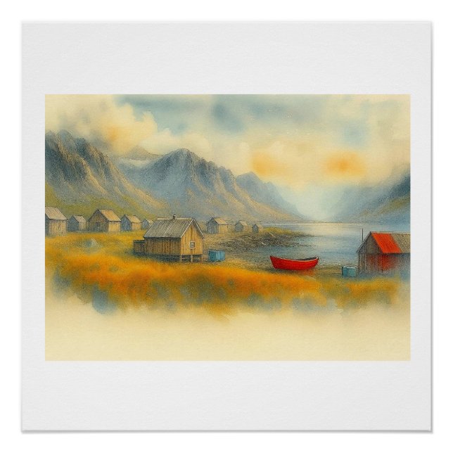 Póster Vila de Labrador com Barco Vermelho,  (Frente)