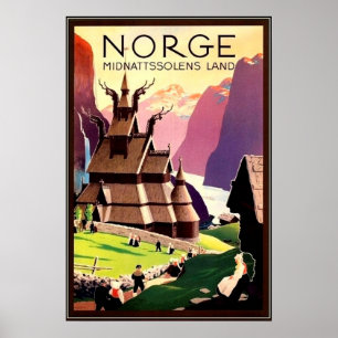 Poster Vila em Noruega, Europa norte, viagens vintage