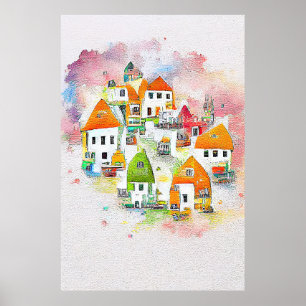 Poster Village House Landscape Scenery Nature Watercolor