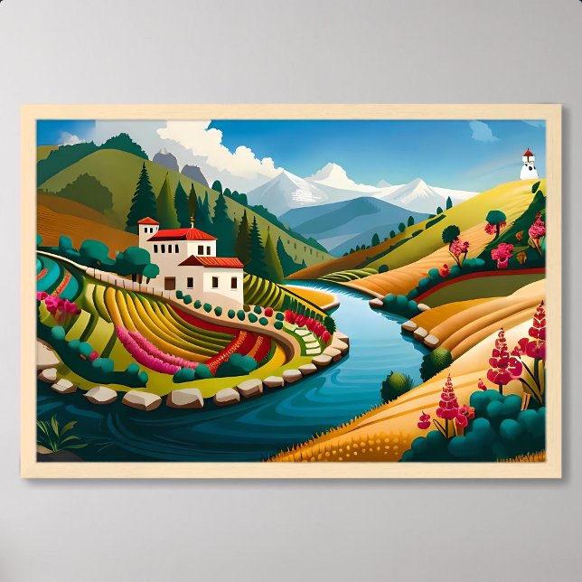 Poster Village Painting with Rocky River and Lush Fields (Village Painting with Rocky River and Lush Fields)