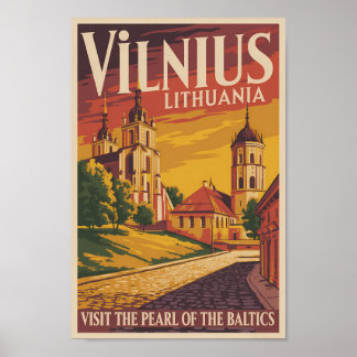 Poster Vilnius Lithuania Illustration Travel Art Vintage