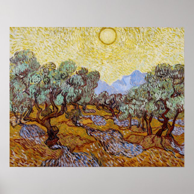 Poster Vincent van Gogh - Oliveiras, céu amarelo e sol (Frente)