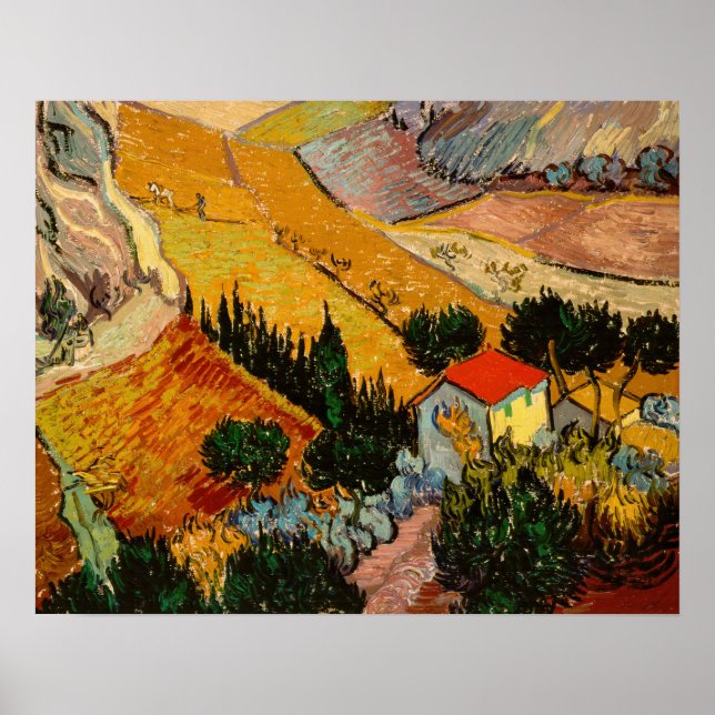 Poster Vincent van Gogh - Paisagem, Casa e Plowman (Frente)