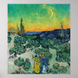 Poster Vincent van Gogh - Paisagem lunática com Casal<br><div class="desc">Paisagem lunar / Casal caminhando entre oliveiras em uma paisagem montanhosa com lua crescente - Vincent van Gogh,  Oil on Canvas,  1890</div>