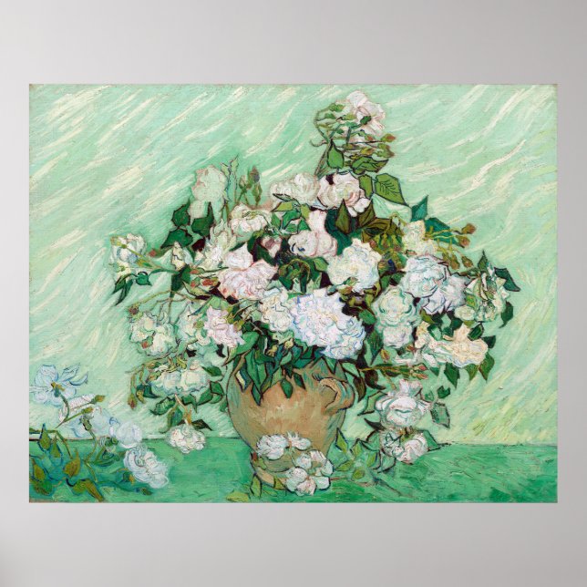 Poster Vincent van Gogh Vase com Rosas Rosa (Frente)