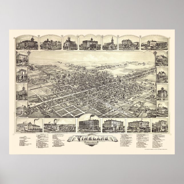 Póster Vineland, Mapa Panorâmico do NJ - 1885 (Frente)