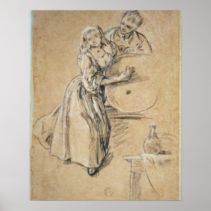 Póster Vinho-pourer com um cartão do homem novo (giz)