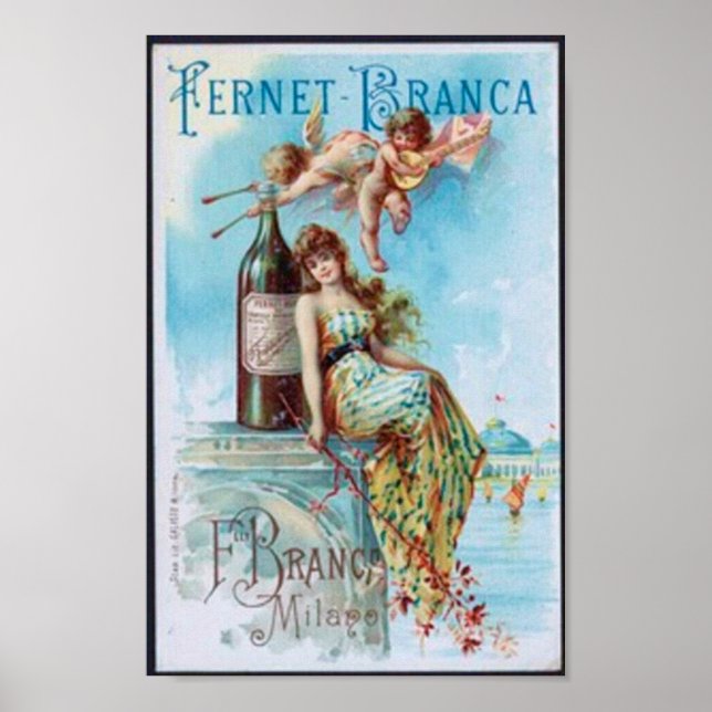 Póster Vinho Vintage com Lady e Cupids (Frente)