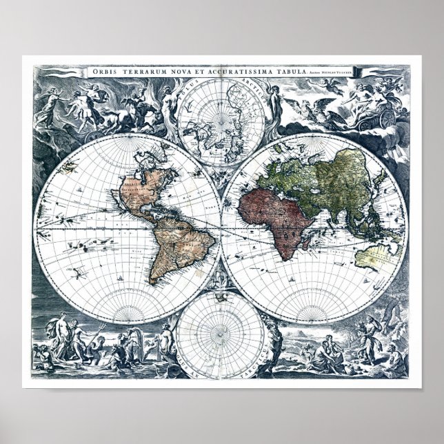 Poster Vintage 1658 Mapa Mundial de Nicolao Visscher (Frente)