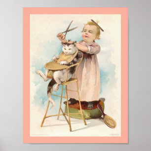 Poster Vintage 1800's Little Girl dando a Cat um corte de