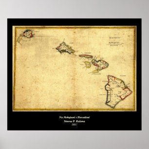 Póster Vintage 1837 Mapa do Havaí - Ilhas Havaianas
