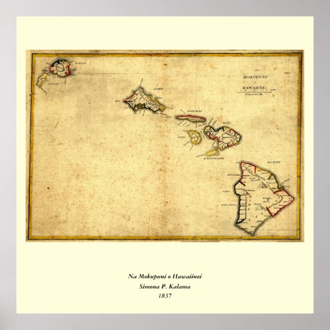 Póster Vintage 1837 Mapa do Havaí - Ilhas Havaianas (Frente)