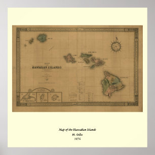 Póster Vintage 1876 Mapa do Havaí - Ilhas Havaianas