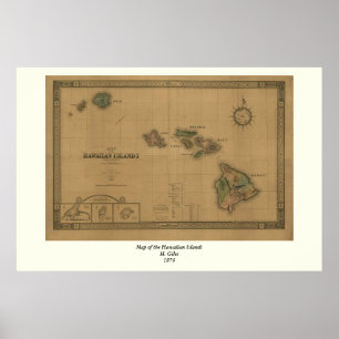 Póster Vintage 1876 Mapa do Havaí - Ilhas Havaianas