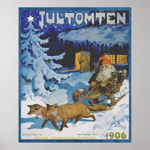 Póster Vintage 1906 Scandinavian Jultomten in Sleigh