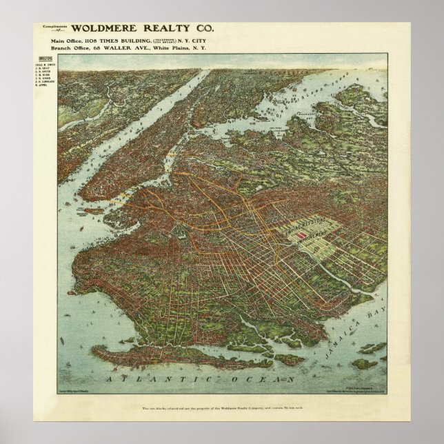 Poster Vintage 1908 Mapa visual do Brooklyn NY Bird (Frente)