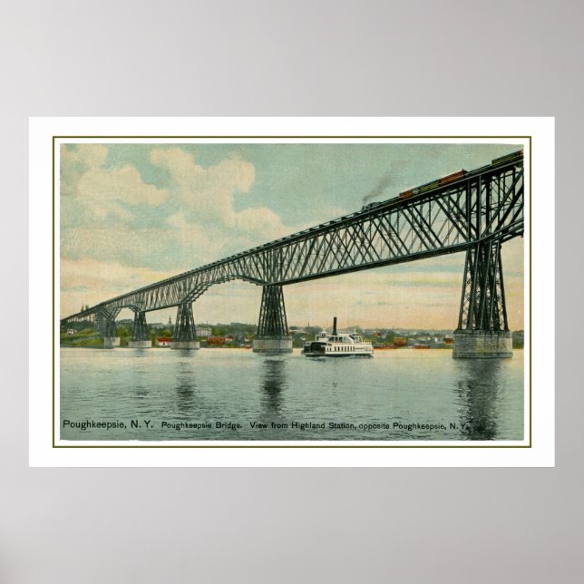 Póster Vintage 1913 Poughkeepsie Bridge, trem, barco (Frente)