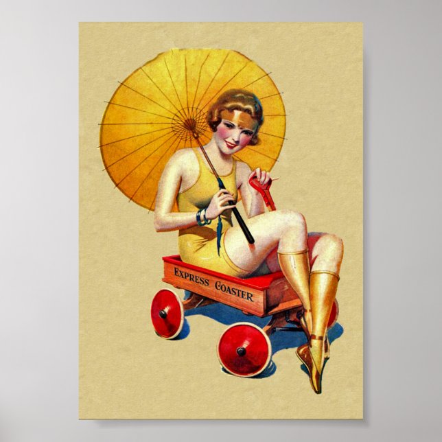Póster Vintage, 1920, Flapper Lady Umbrella Wagon Bathing (Frente)