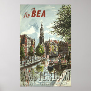 Poster Vintage 1956 Fly BEA Amsterdam UK Viagem