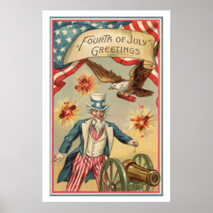 Poster Vintage 4 de julho Fireworks com o tio Sam