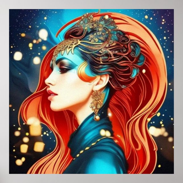 Poster Vintage abstrato belo dourado vermelho fêmea 3 (Frente)