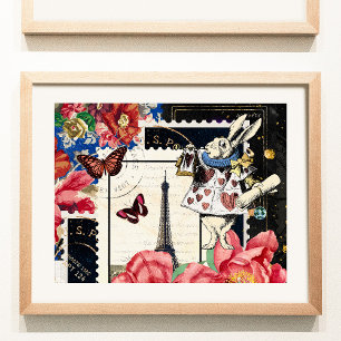 Poster Vintage Alice no Coelho Branco da Maravilha