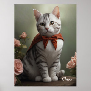 Poster Vintage American Shorthair Kitten com Rosas