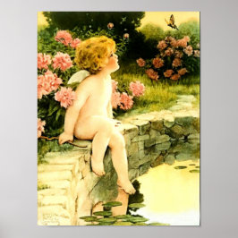 Poster Vintage Angel Cherub no Peony Garden por volta de 