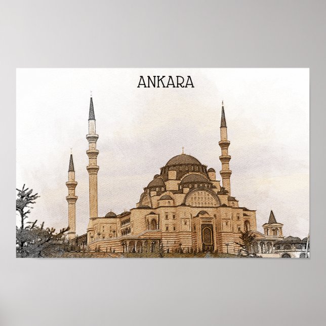 Poster Vintage Ankara Turquia Kocatepe Visão Mesquita (Frente)