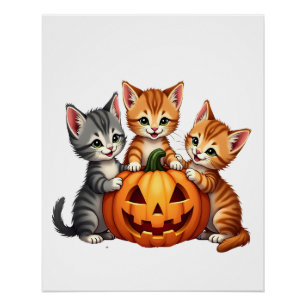 Póster Vintage anos 90 Gato Abóbora Halloween Retro Flora
