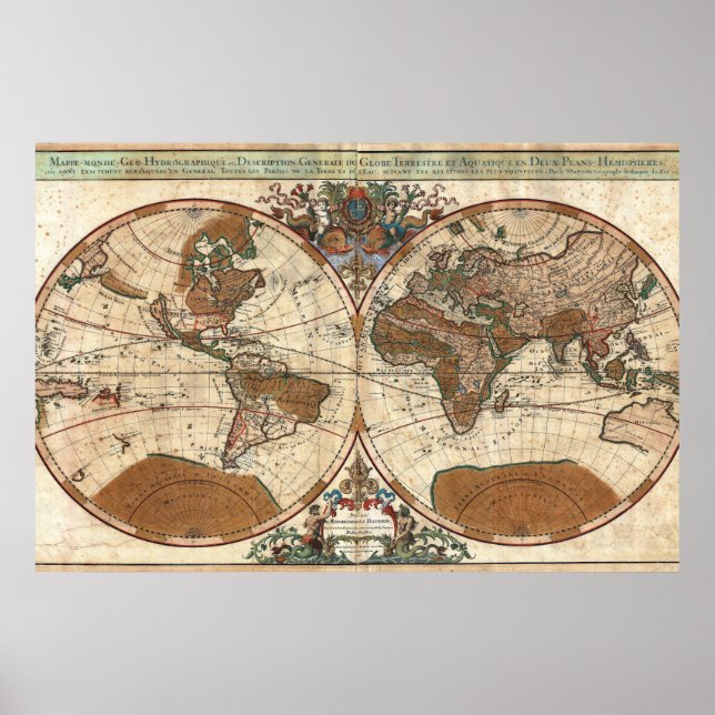 Poster vintage antigo 1691 Mapa sanson do mundo (Frente)