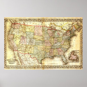 Póster Vintage Antigo mapa geral dos EUA