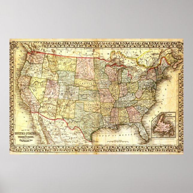Póster Vintage Antigo mapa geral dos EUA (Frente)