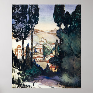 Poster Vintage Antik Landscape Watercolor Fiesole Itália