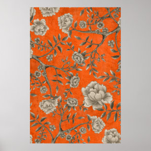 Poster Vintage Apricot Orange Chinoiserie Art